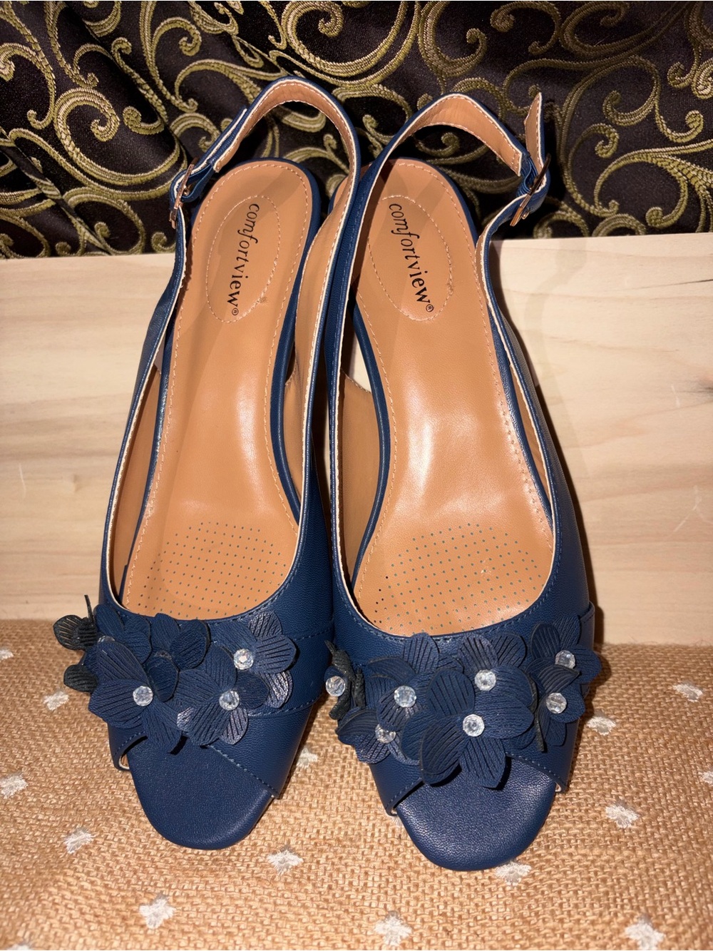 Riders by Lee Navy Slingback Peep-Toe Mules with Floral Rhinestone Detail